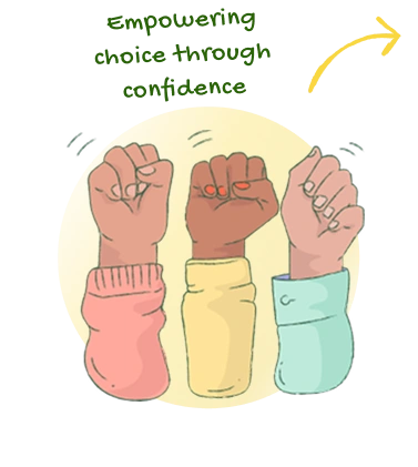 Illustration of hands in a fist depicting empowerment. Text above image reads 'empowering choice through confidence