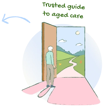 Illustration of elderly person in front of open door. Text above illustration reads 'trusted guide to aged care'