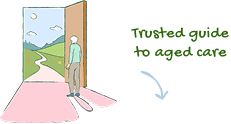 Illustration of elderly person in front of open door. Text above illustration reads 'trusted guide to aged care'