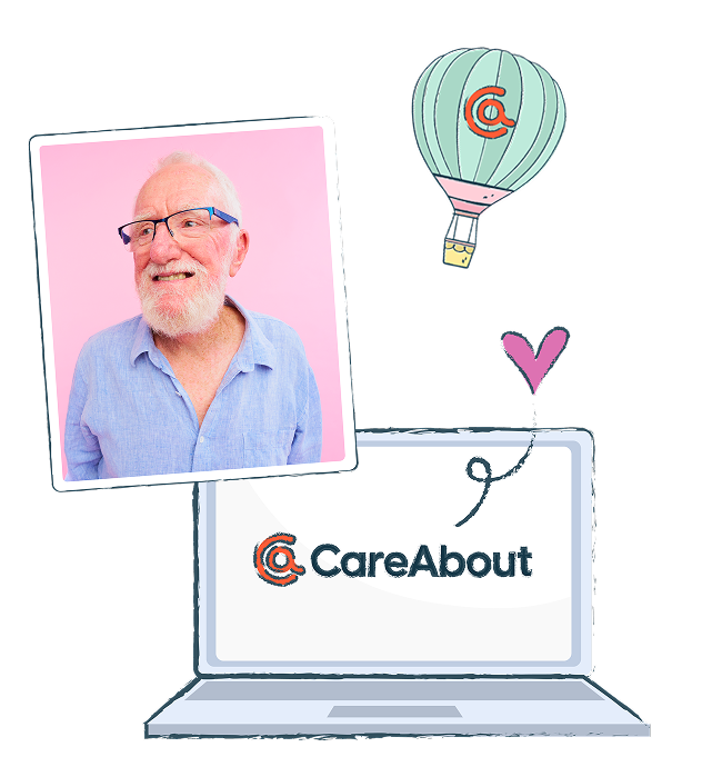 Portrait of elderly man and an illustration of a laptop