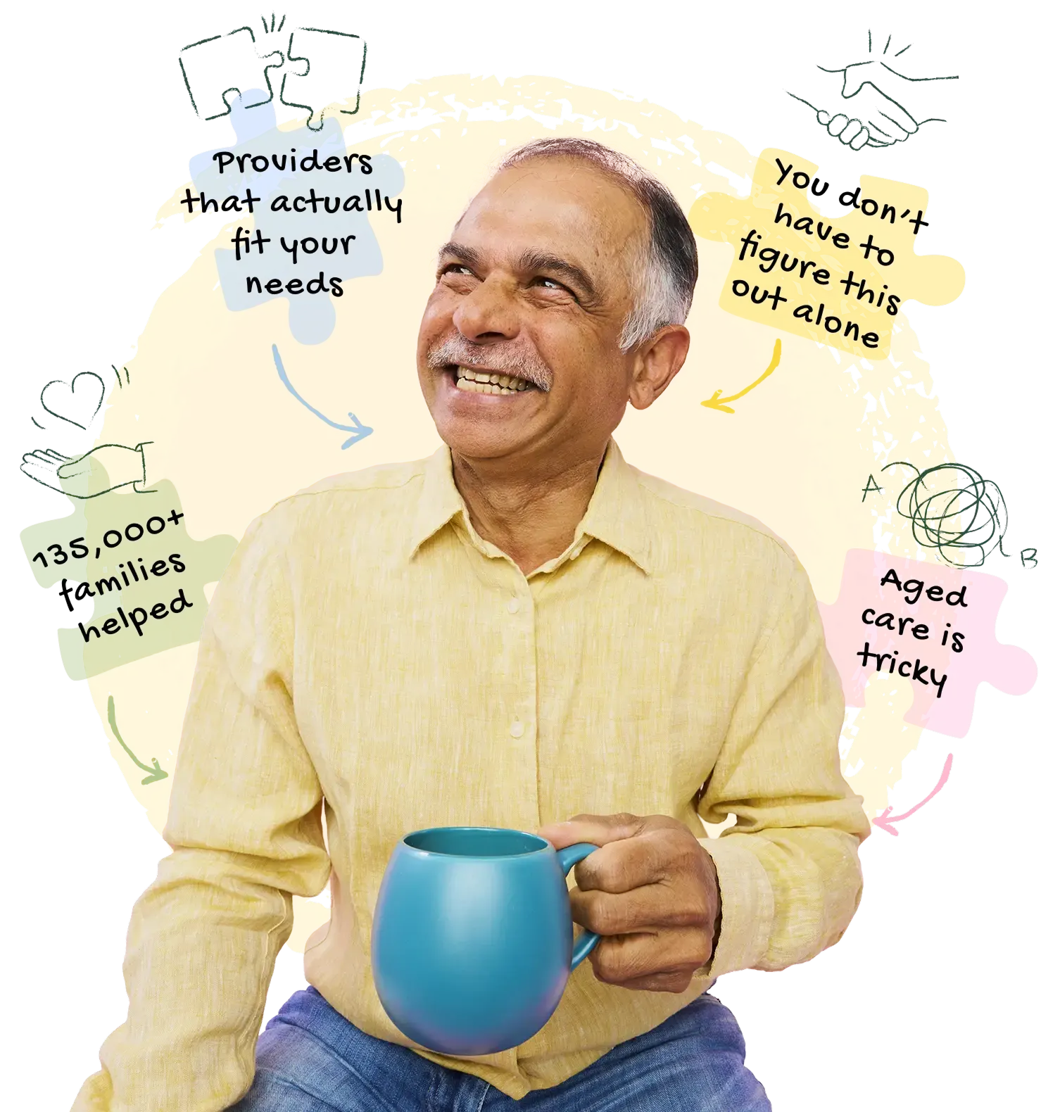 man-with-mug-surrounded-by-puzzle-pieces-considering-home-care-options