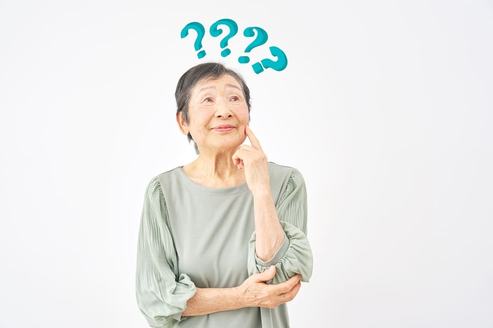 Asian,Senior,Woman,Thinking,In,White,Background